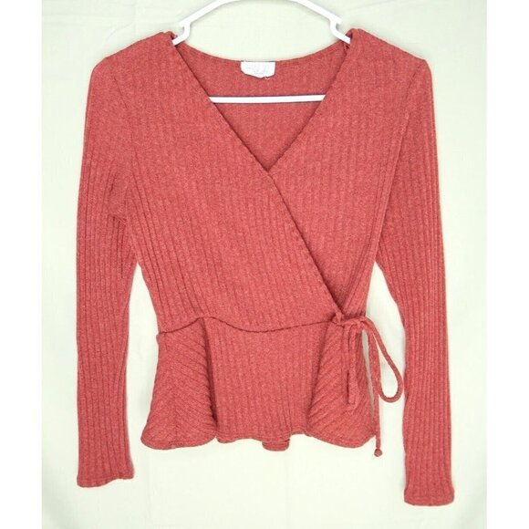 Sienna Sky Red Tunic Style Wrap Top Long Sleeves Ribbed Side Tie Womens XS EUC - Picture 1 of 11